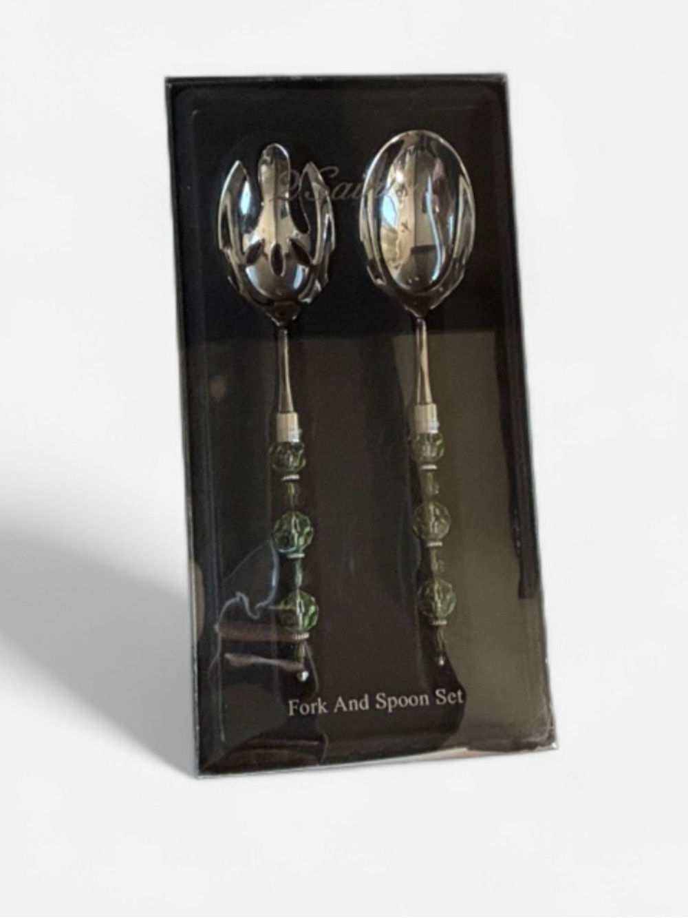 Saints Green Beaded Handle Salad Fork and Spoon Set